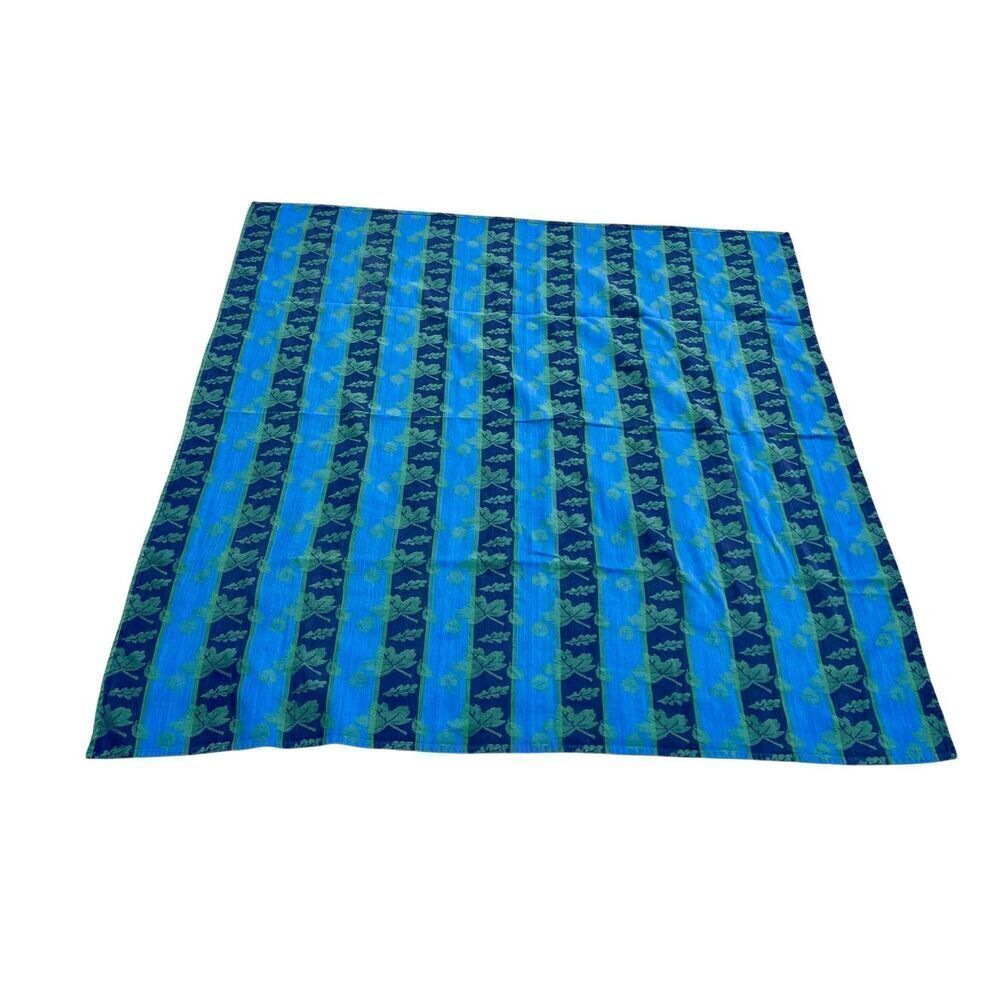 Crate & Barrel Jacquard Osk Leaf Stripe Navy, Blue &Green Cotton Tablecloth 59”